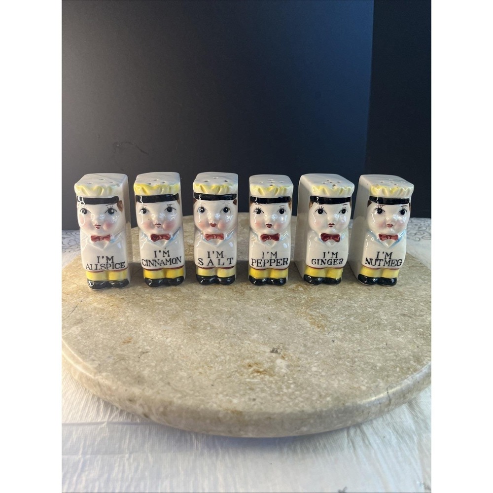 Set Of 6 1950's Royal Sealy Anthropomorphic Im Chef Ceramic Spice Shakers Japan
